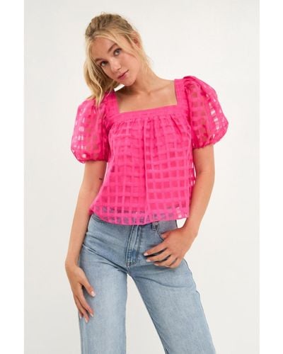 English Factory Organza Gridded Square Neck Crop Top - Pink