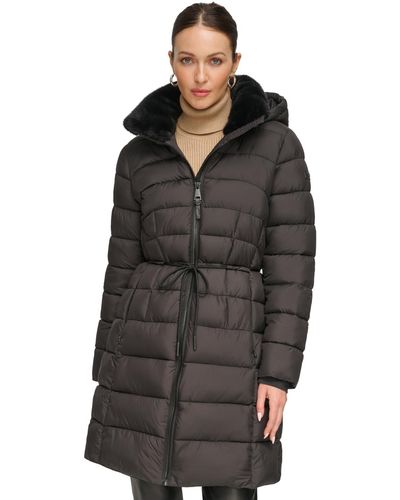 DKNY Rope Belted Faux-fur-trim Hooded Puffer Coat - Black