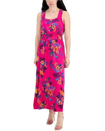 INC International Concepts Printed Smocked Maxi Dress, Created For Macy's - Pink
