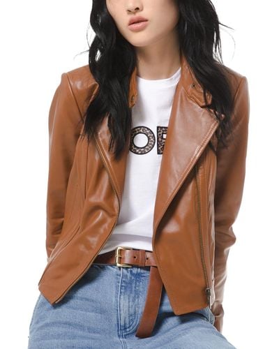 Michael Kors Michael Leather Moto Jacket, Regular & Petite Sizes - Brown