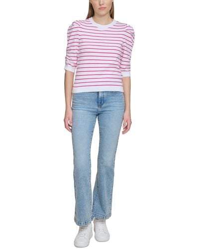 DKNY Striped Ruched-sleeve Crewneck Top - Blue