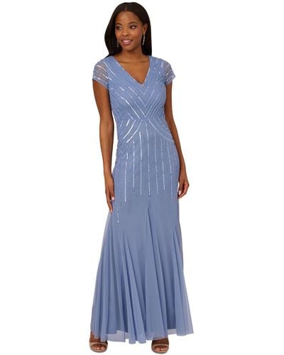 Adrianna Papell Beaded V-neck Mermaid Dress - Blue