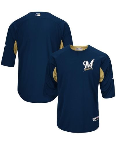 Majestic Navy And Gold-tone Milwaukee Brewers Authentic Collection On-field 3 And 4-sleeve Batting Practice Jersey - Blue