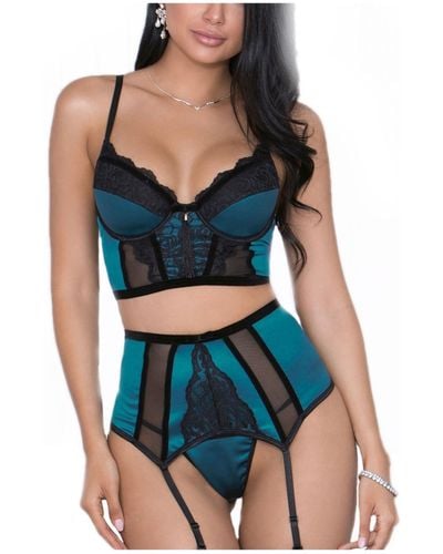 iCollection Lux Satin And Lace Garter 3pc Lingerie Set - Blue