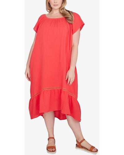 Ruby Rd. Plus Size Gauze High/low Cotton T-shirt Dress - Red