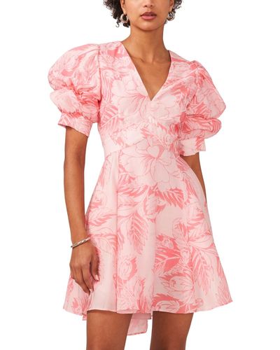 1.STATE Printed V-neck Tiered Bubble Puff Sleeve Mini Dress - Pink