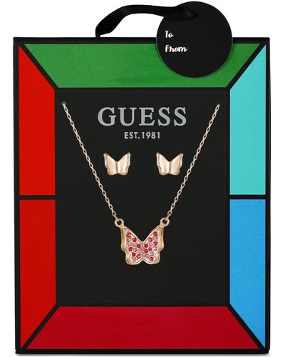 Guess Crystal Butterfly Pendant Necklace & Stud Earrings Gift Set - Green