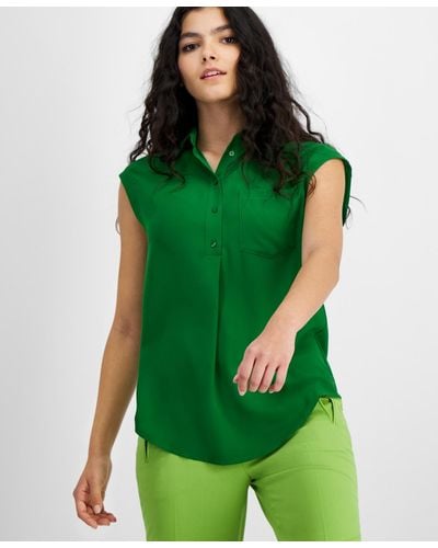 BarIII Button-front Cap-sleeve Popover Top - Green