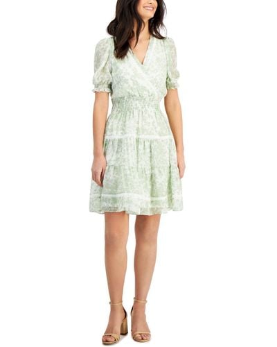 Taylor Petite V-neck Short-sleeve Chiffon A-line Dress - Green
