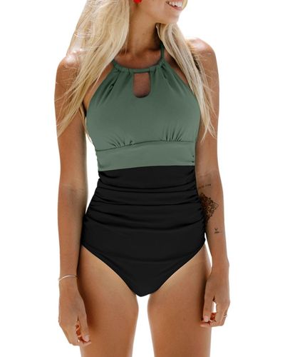 CUPSHE Tummy Control Cutout High Neck One Piece Swimsuit - Green
