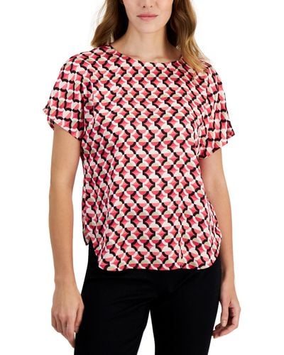 Anne Klein Geometric-print Short-sleeve Top - Red