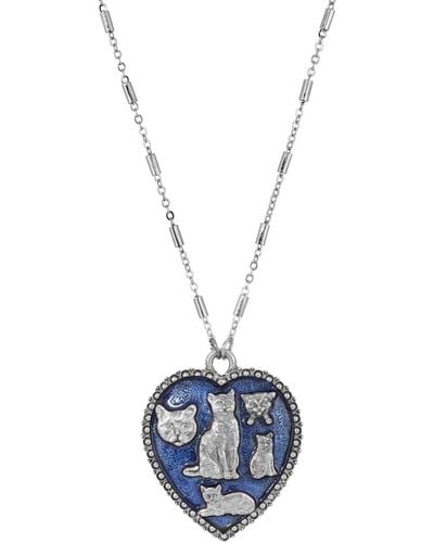 2028 Enamel Heart Cat Necklace - Blue