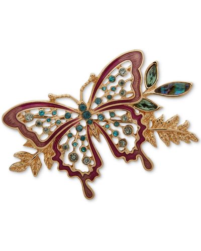 Anne Klein Gold-tone Mixed Stone Openwork Butterfly Pin - Brown