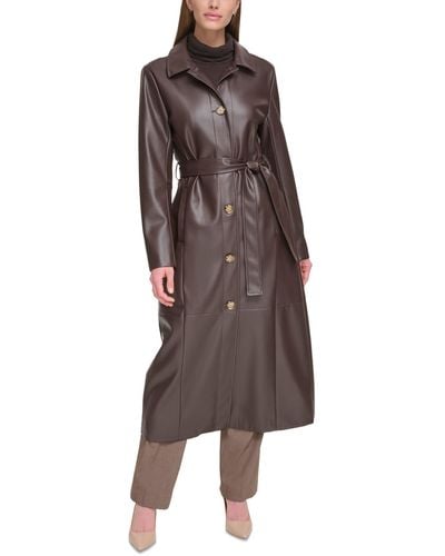 Calvin Klein Belted Faux-leather Trench Coat - Brown