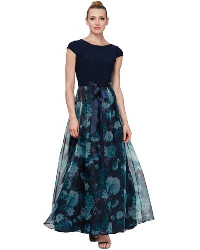 Sl Fashions Petite Floral-organza Satin-bow Gown - Blue