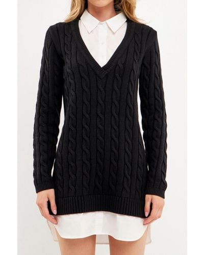 English Factory Mixed Media Cable Knit Sweater Dress - Black