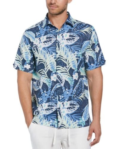 Cubavera Big & Tall Linen-blend Tropical-print Short-sleeve Shirt - Blue