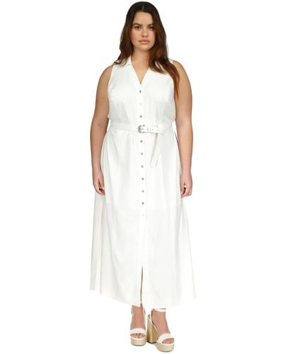 Michael Kors Michael Plus Size Linen-blend Belted Sleeveless Maxi Dress - White
