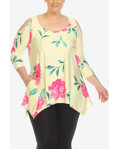 White Mark Plus Size Floral Printed Cold Shoulder Tunic Top - Natural