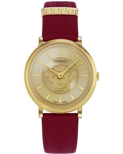 Versace Swiss V-circle Burgundy Leather Strap Watch 38mm - Red