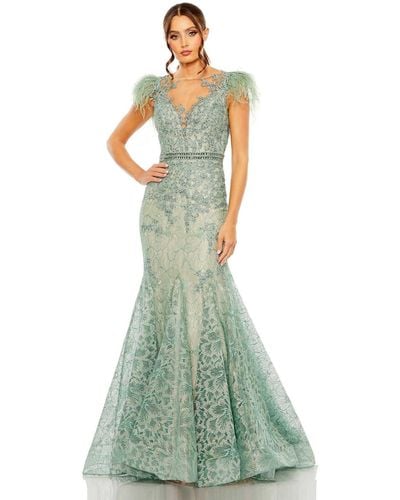 Mac Duggal Embellished Feather Cap Sleeve Illusion Neck Trump - Green