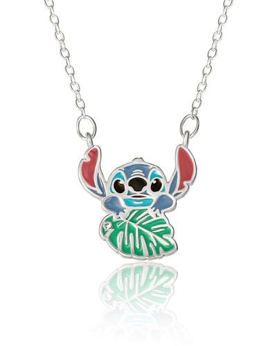 Disney Lilo And Stitch Silver Plated Stitch Leaf Pendant Necklace - White