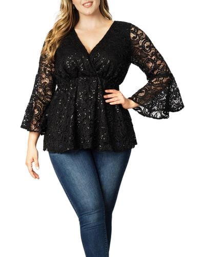 Kiyonna Plus Size Sequin Sparkle Bell Sleeve Lace Top - Black