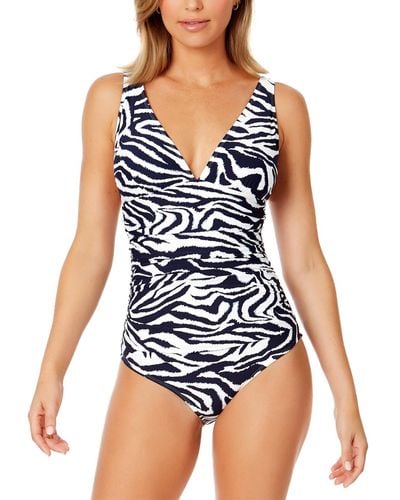 Anne Cole V-neck Shirred One-piece Swimsuit - Blue