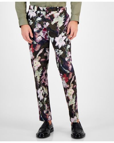 INC International Concepts Noah Slim-fit Floral-print Suit Pants - Black