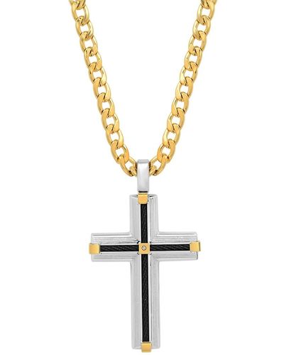 Steeltime 18k Gold Plated Tri-tone Cross Pendant Necklace - Metallic