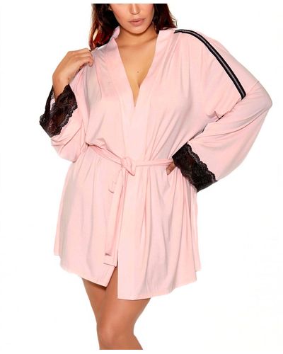 iCollection Elegant Knit Ultra Soft Contrast Lace Robe Lingerie - Pink