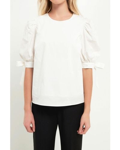 English Factory Bow Banded Puff Sleeve Blouse - White