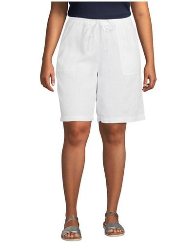 Lands' End Plus Size High Rise Pull On Elastic Waist 10" Linen Bermuda Shorts - White
