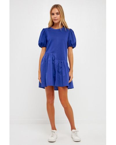 English Factory Knit Woven Mixed Dress - Blue