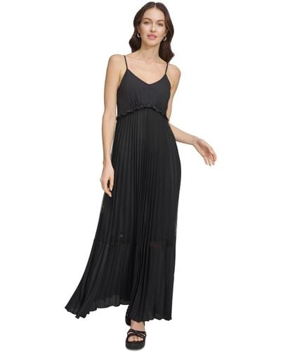 DKNY Solid Tiered Pleated Sleeveless Mesh Maxi Dress - Black