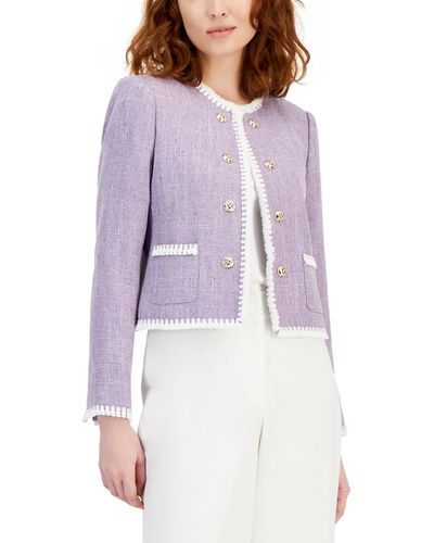 Tahari Fringe-trim Tweed Cropped Jacket - Purple