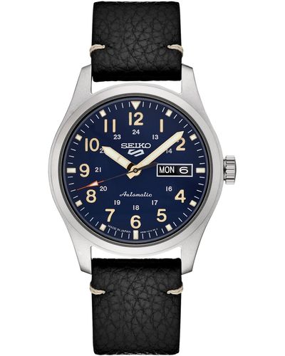 Seiko Automatic 5 Sports Black Leather Strap Watch 43mm - Blue