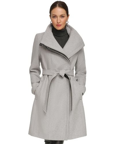 DKNY Asymmetrical Belted Funnel-neck Wool Blend Coat - Gray