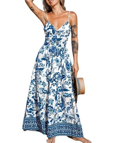 CUPSHE Floral Sweetheart Twist & Keyhole Maxi Beach Dress - Blue