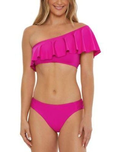 Trina Turk Monaco One Shoulder Ruffled Bikini Top Hipster Bottoms - Pink