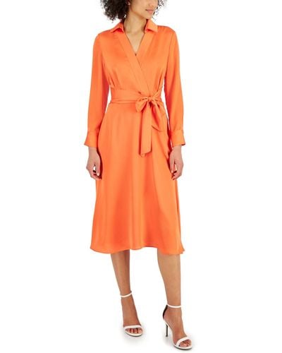 Tahari Long-sleeve Satin Collared Midi Dress - Orange