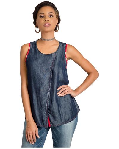 Poetic Justice Curvy-fit Denim Crossover Front Sleeveless Blouse - Blue