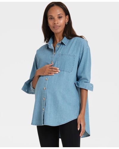 Seraphine Curved Hem Maternity Shirt - Blue