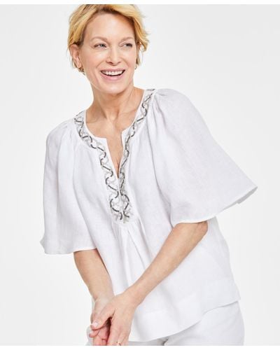 Charter Club 100% Linen Embellished Flutter-sleeve Top - White