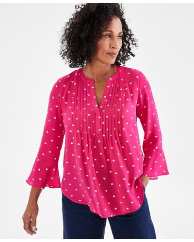 Style & Co. Heart-print Pintuck Ruffle Sleeve Top - Pink