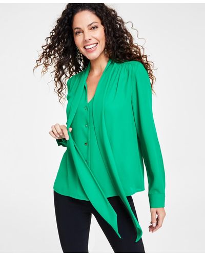 INC International Concepts Scarf-neck Long-sleeve Blouse - Green