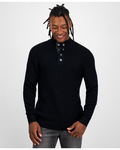INC International Concepts Faux-leather-trim Mock-neck Sweater - Blue