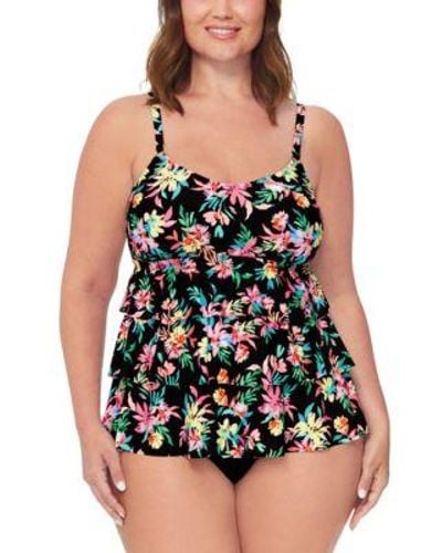 Island Escape Plus Size Floral Print Tiered Tankini Top High Waist Bottoms Created For Macys - Black