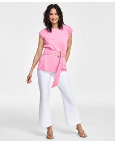 INC International Concepts Crewneck Belted Top High Rise Tab Waist Kick Flare Jeans Created For Macys - Pink