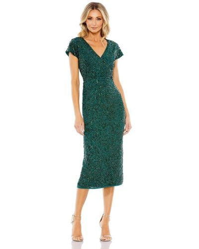 Mac Duggal Sequined Short Sleeve Wrap Over Cocktail Dress - Green